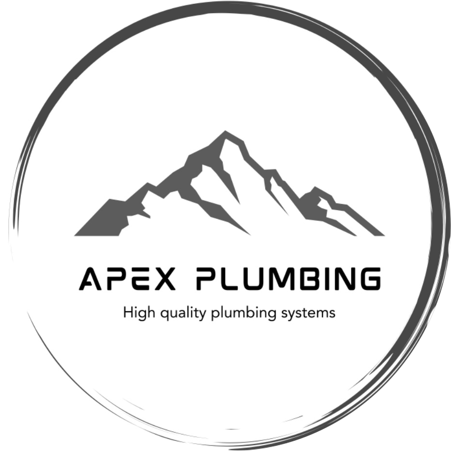 A black and white logo shows a mountain silhouette above the text APEX PLUMBING and the tagline High quality plumbing systems inside a circular border.